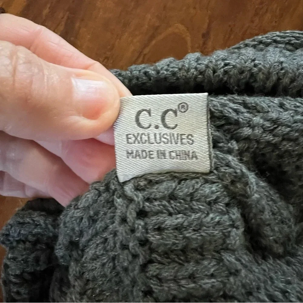 CC Grey Cable Knit Faux Fur Pom Beanie with Tan Pom Pom